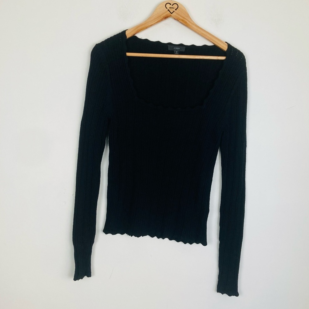 J. Crew black merino wool square neck pointelle ribbed sweater in black. M